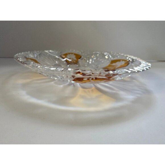 Vintage Bohemian Amber Crystal Glass Serving Bowl Etched Floral - Picture 4 of 6